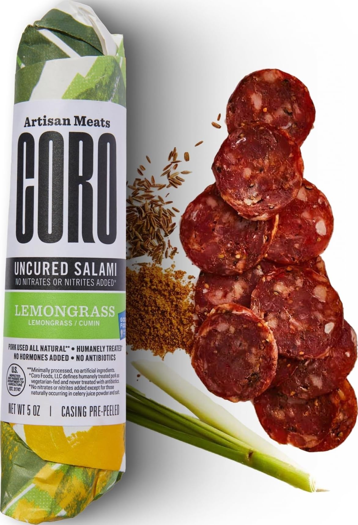 Coro Uncured Lemongrass Salami Stick - 5oz | Lemongrass & Warm Cumin