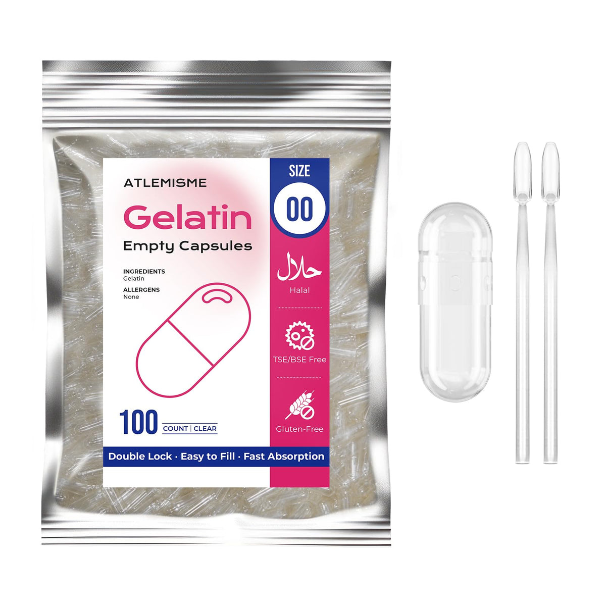 ATLEMISME Empty Gelatin Capsules Size 00 - (100 Count) DIY Gelatin Capsule Filling - with 2 Micro Lab Spoons for Capsule Filling