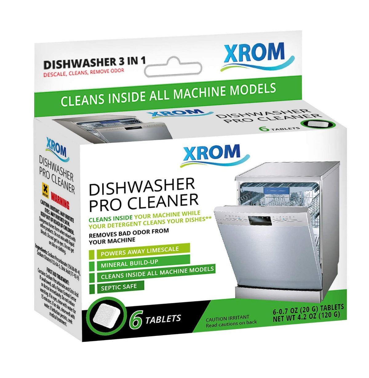 XROM Dishwasher Cleaner Tablets, Plant Based, Deep Clean and Descaler, Removes Odors & Hard Water Stains, 6 Treatments.