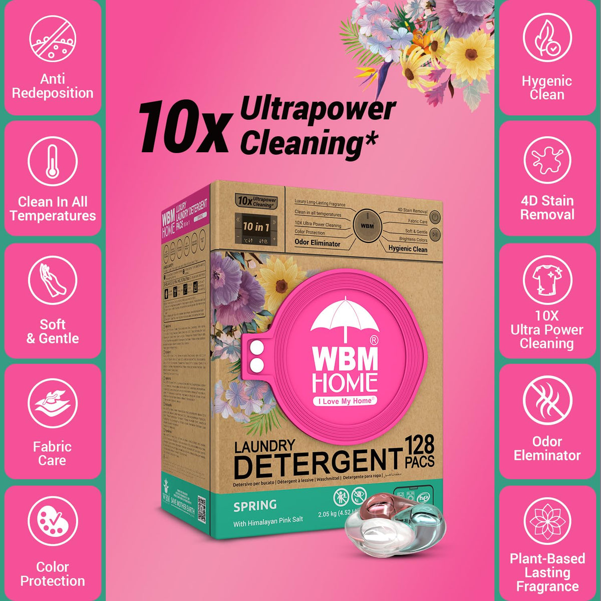 WBM Laundry Detergent Pods, Spring Fragrance Scent, 128 Count - HE Concentrated Laundry Pods With 10x Ultrapower Cleaning and 4D Laundry Stain Remover