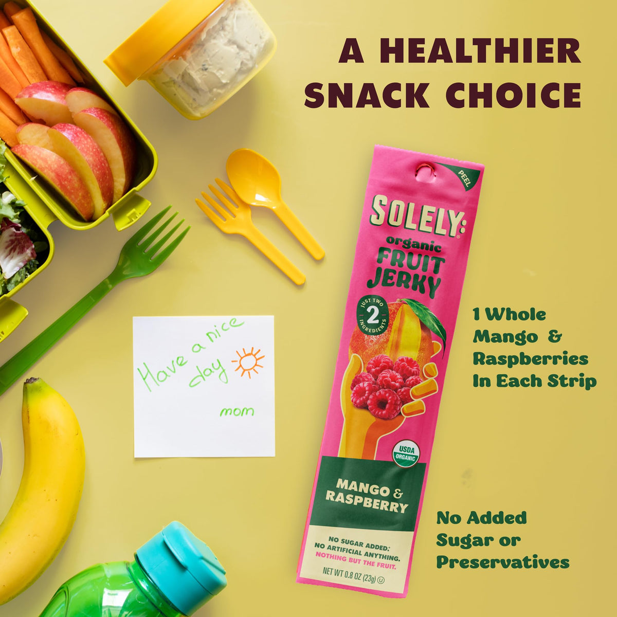 SOLELY - Organic Mango Raspberry Fruit Jerky - 1 Individually Wrapped Fruit Strip - Fruit Leather - Healthy Snacks for Adults & Kids - Non GMO, Vegan