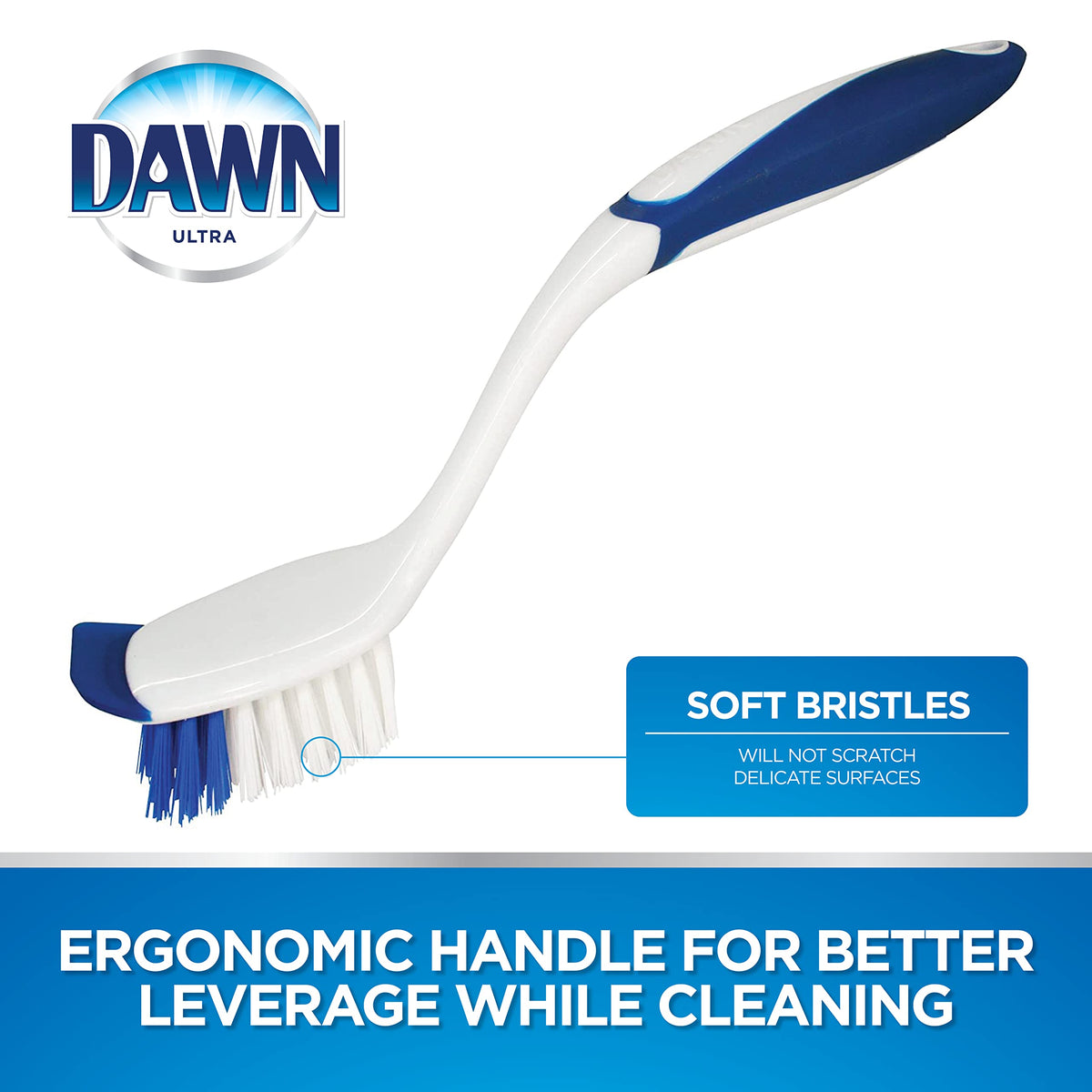 Dawn Dish Brush with Soft Nylon Bristles and Scraper, Blue/White