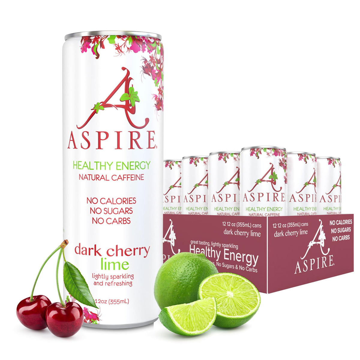 Aspire Dark Cherry Lime, Healthy Energy Drink, Natural Caffeine from Green Tea, Keto-Friendly, Sugar-Free, Zero Calories, 12 fl oz Cans (Pack of 12)