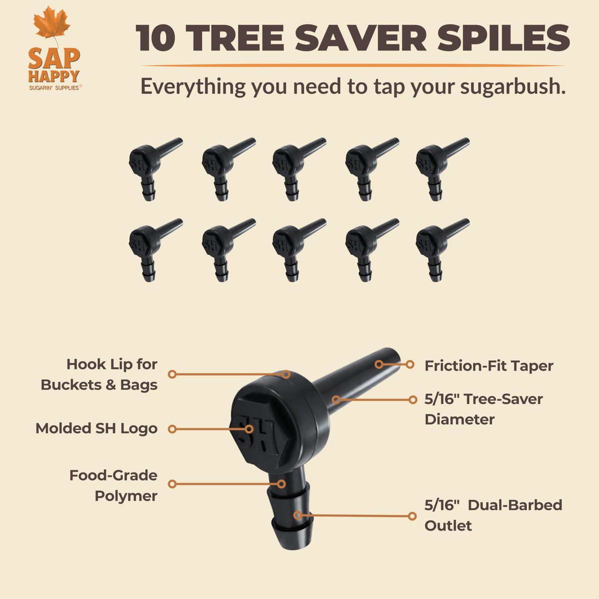 SAP HAPPY Maple Sap Spiles (10 Count) - 5/16” Tree Saver Taps for Maple Trees, Food-Grade Polymer with Friction-Fit Seal | Reusable Ecolo Tapping