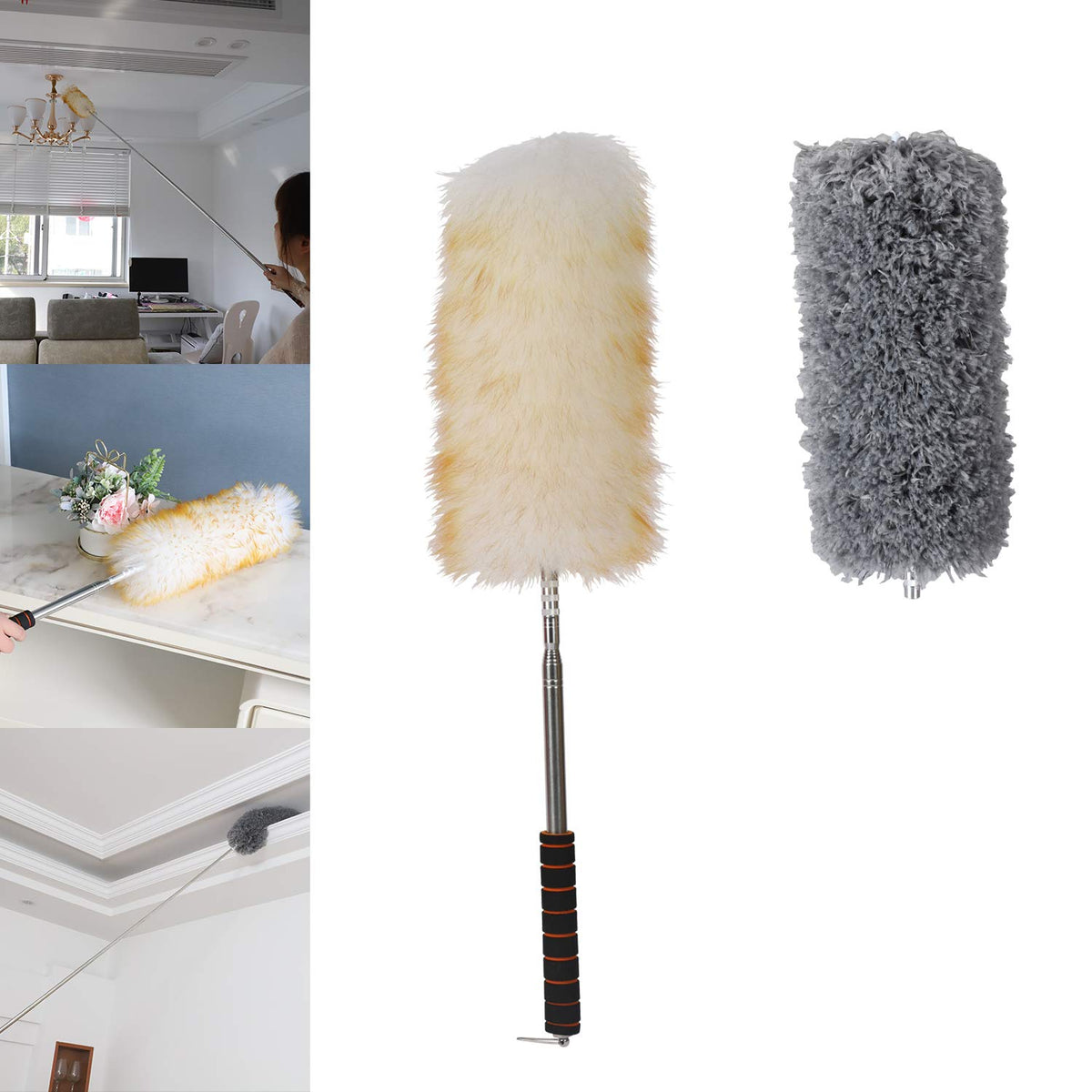 Midoneat Lambswool Duster with Extra Flexible Microfiber Head,Long Reach/Extendable Duster Up to 86" for Cleaning High Ceiling Fan, Interior Roof
