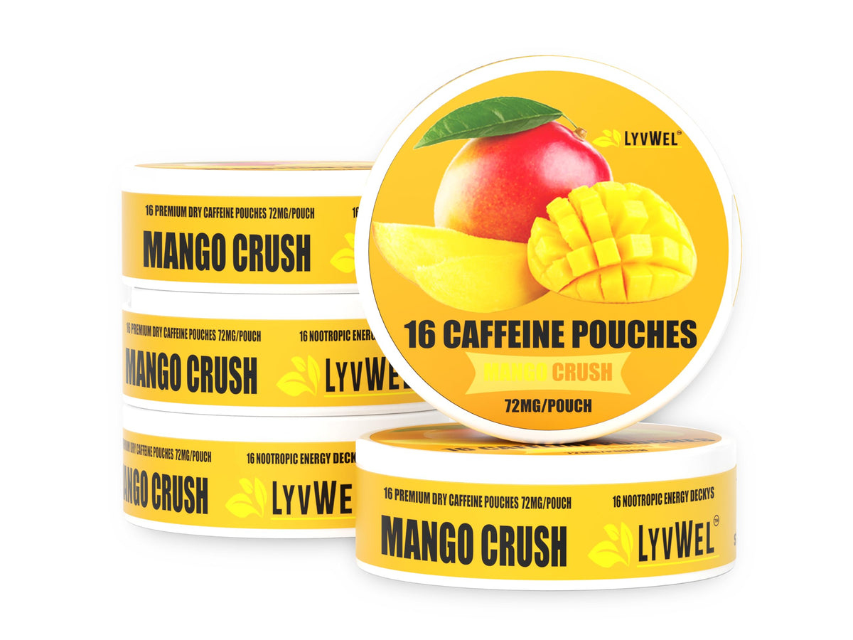 LyvWel 72mg Caffeine Energy Pouches - Mango Crush - Tropical Clean Energy with Guarana - 5-Pack (80 Total Pouches)
