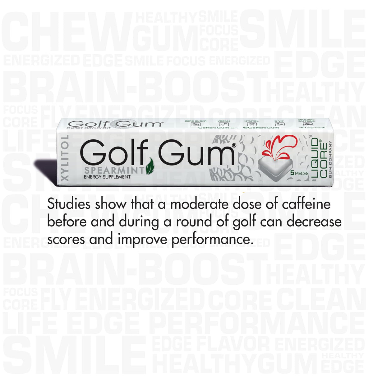 Golf Gum by Liquid Core® - 80mg of Natural Caffeine - Energy for Golfers - Sugar-Free, Aspartame-Free, Caffeine Gum - Enhanced Focus & Better Score