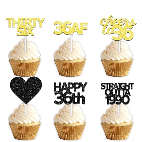 18pcs Black Gold Glitter Dessert Cupcake Pick for Straight Outta 1990 Cheer to 36 Years Old Theme Decor Supplies Happy 36th Birthday Party Decoration