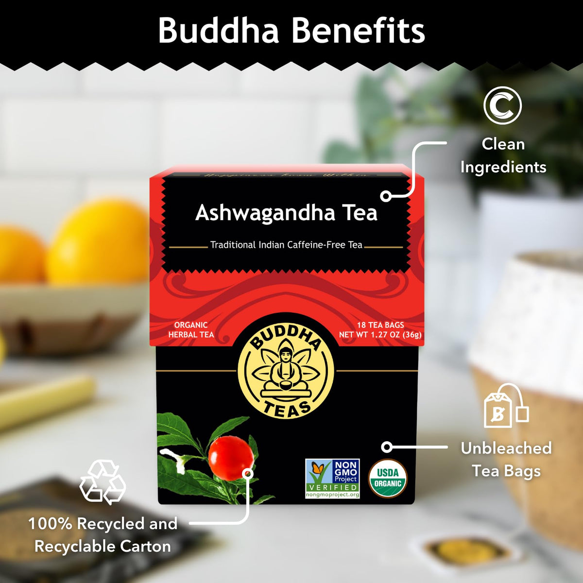 Buddha Teas - Ashwagandha Root Tea - Herbal Tea - Promote Cleansing & Wellness - With Antioxidants & Minerals - Clean Ingredients - Caffeine Free - OU