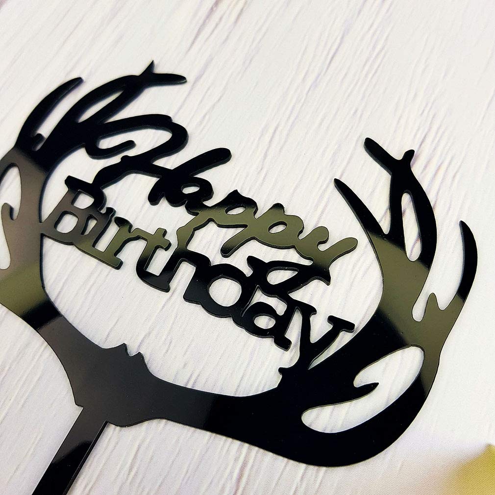 Antlers Happy Birthday Cake Topper Party Decorations (Black Acrylic)