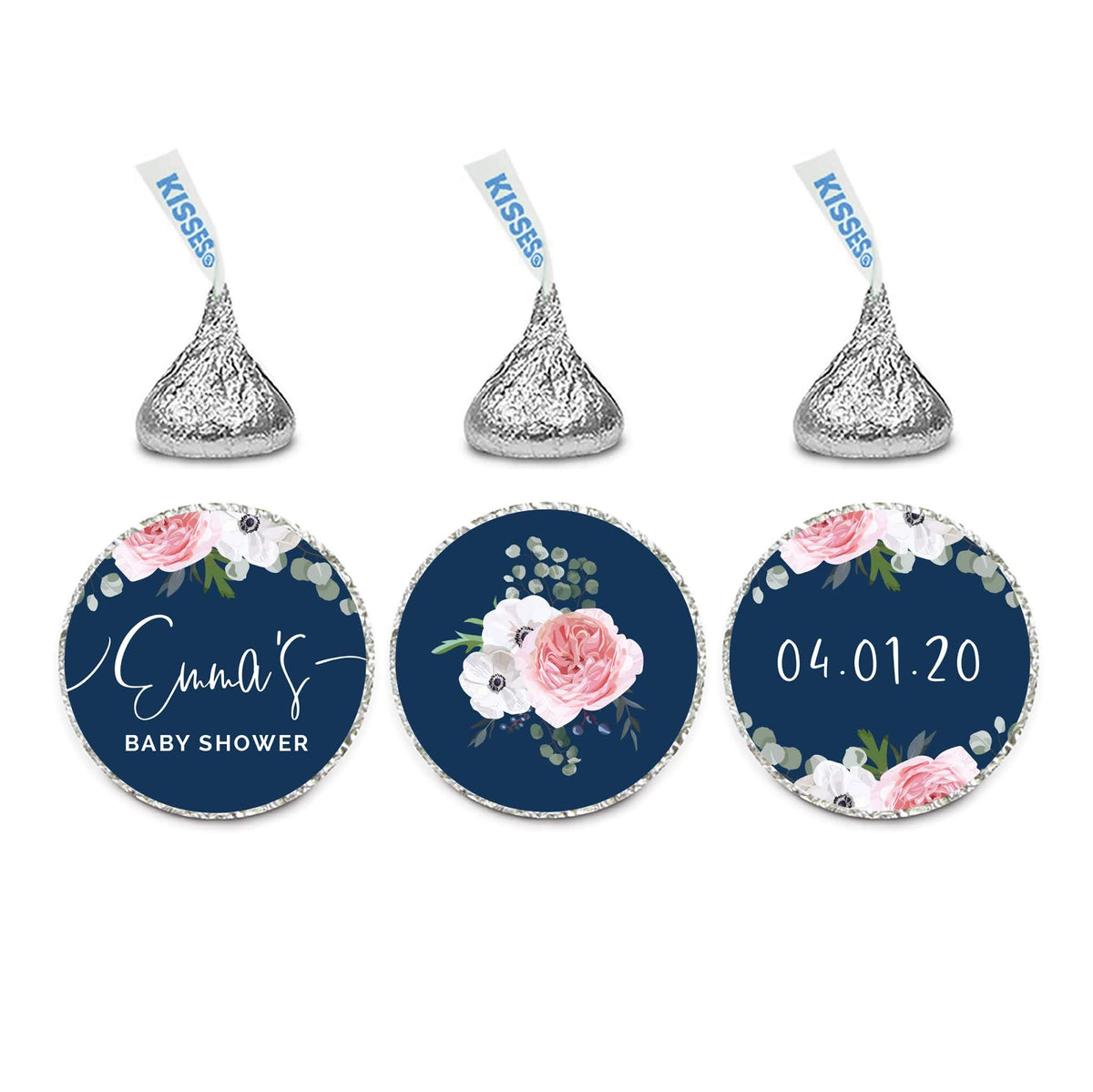 Andaz Press Winter Navy Blue with Eucalyptus Blossoms Baby Shower Party Collection, Personalized Chocolate Drop Label Stickers Trio, Custom Name
