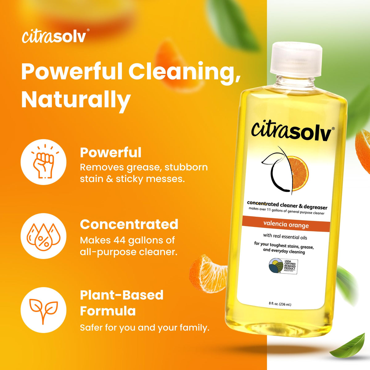 Citra Solv Concentrated Household Cleaner & Degreaser -Valencia Orange Scent 8 fl oz Safe, Effective, and Versatile Cleaning Solution, Natural