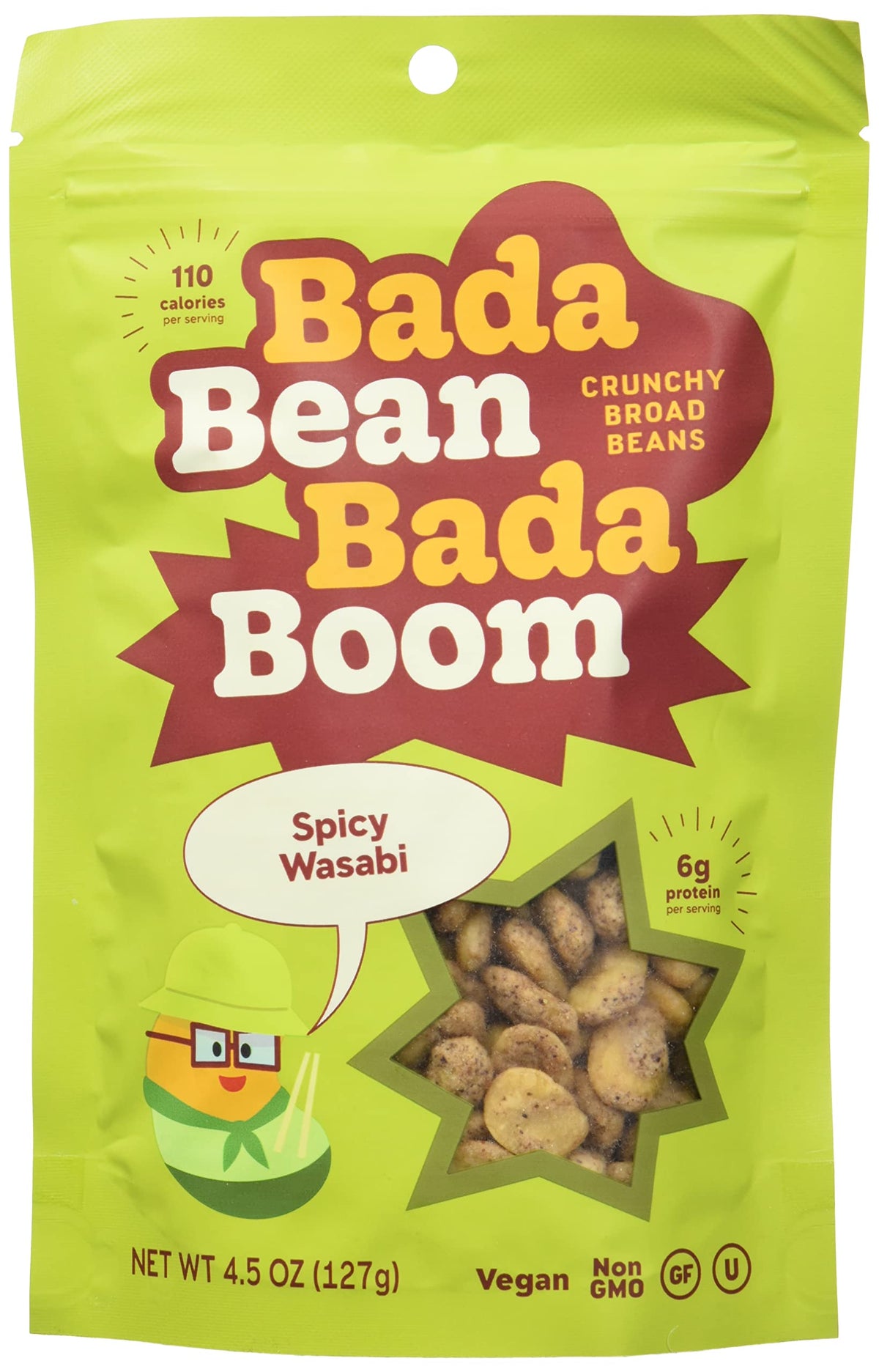 Bada Bean Bada Boom Plant-based Protein, Gluten Free, Vegan, Non-GMO, Soy Free, Kosher, Roasted Broad Fava Bean Snacks, Wasabi, 4.5 Ounce (Pack of 6)