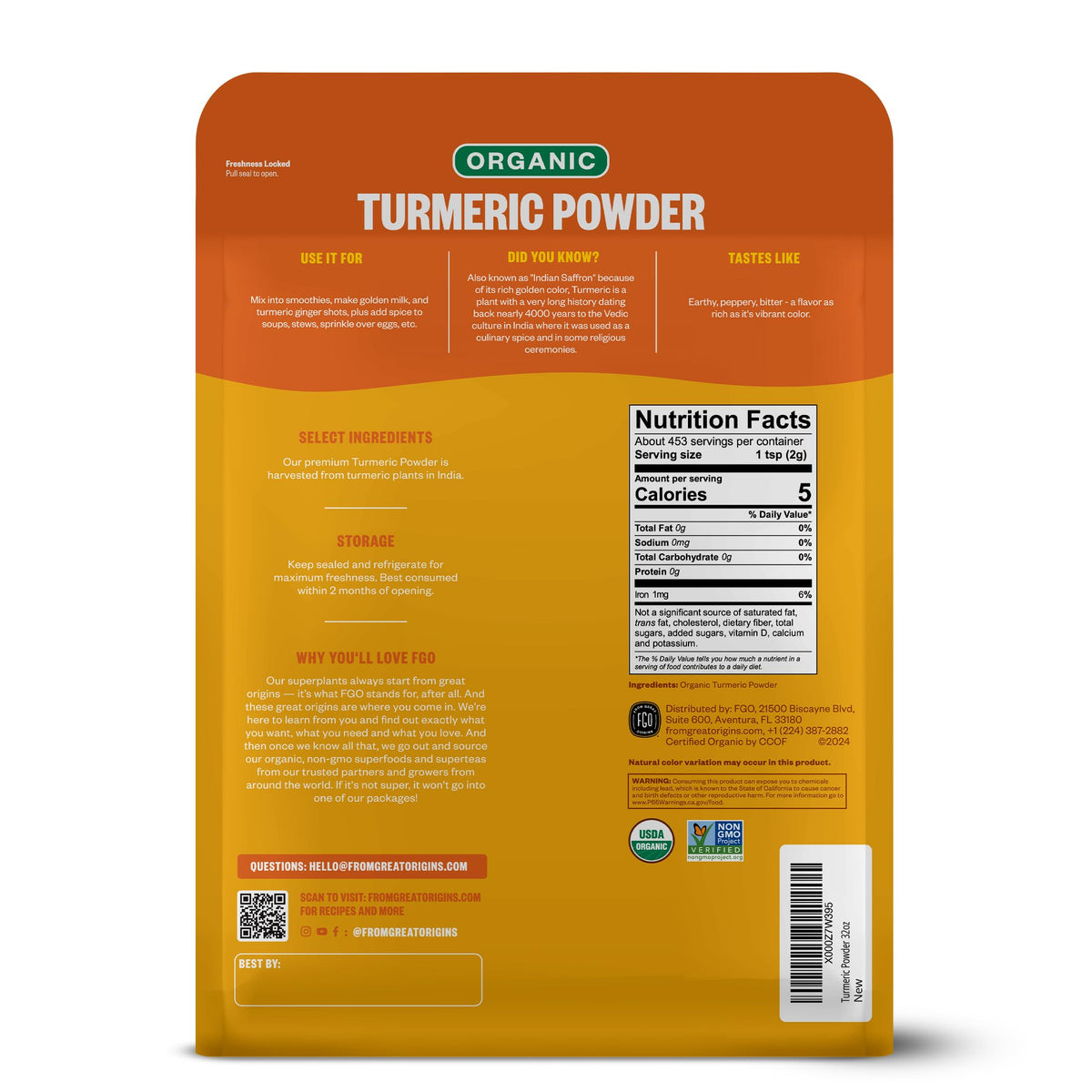 FGO Organic Turmeric Powder w/Curcumin, 2 Pound / 32oz Bulk Resealable Pouch, USDA Organic and Non-GMO, Sourced from India, Packaging May Vary (Pack