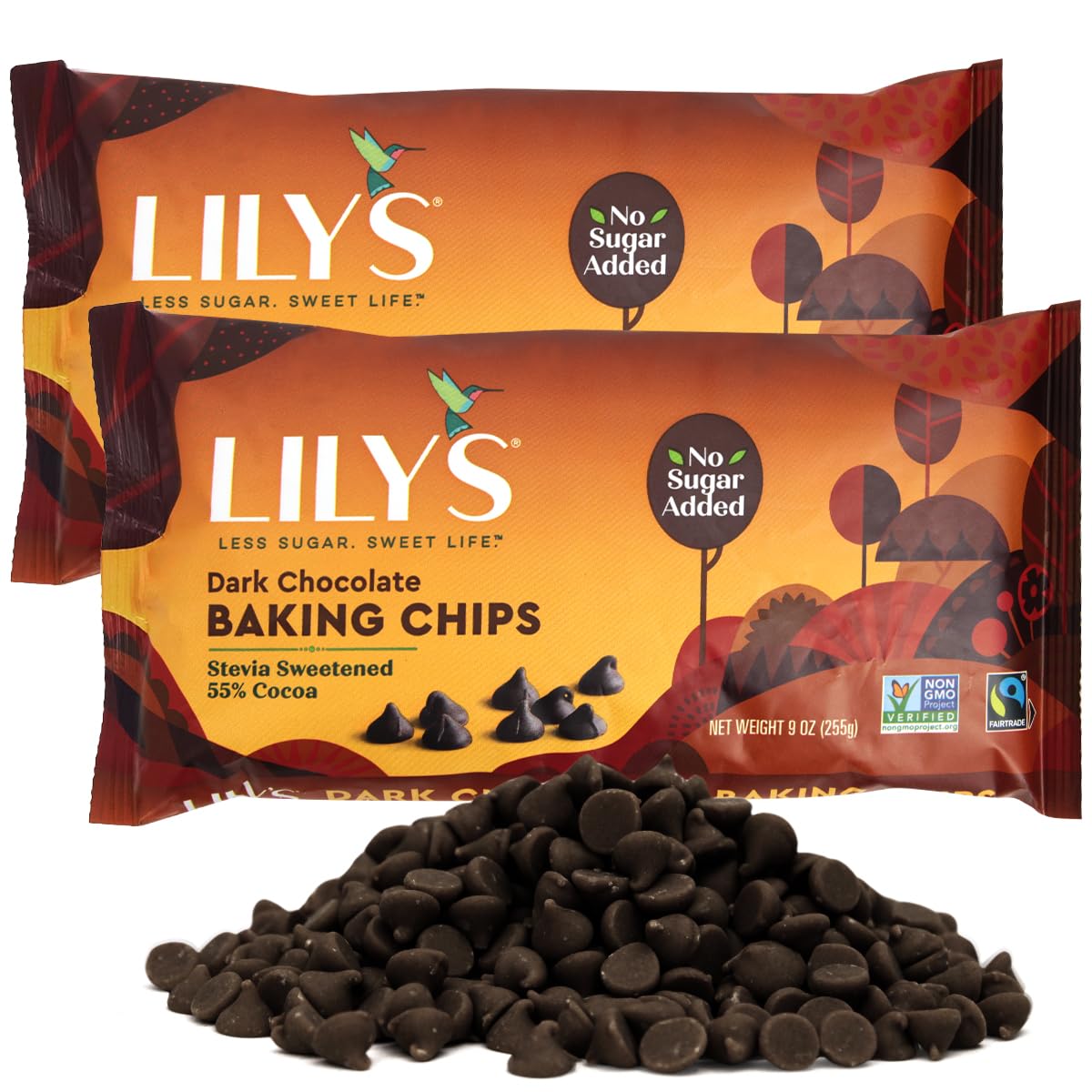 Sugar-Free Dark Chocolate Chips for Baking, 2 Bags of Lily's Baking Chips 9oz Each, Delicious Baking Chips Without the Sugar, Perfect Dark Chocolate Chips for Keto and Diabetic-Friendly Recipes