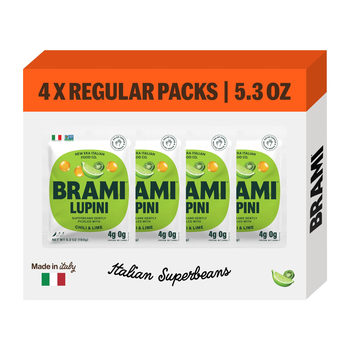 BRAMI Lupini Beans Snack, Chili & Lime | 7g Plant Protein, 0g Net Carbs | Vegan, Vegetarian, Keto, Mediterranean Diet, Non Perishable | 5.3 Ounce (4