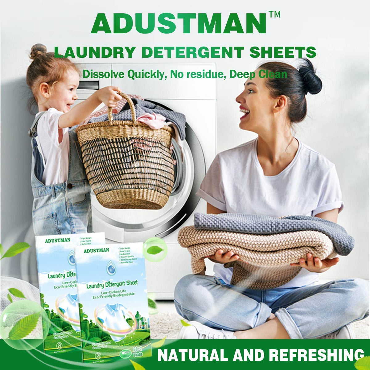 ADUSTMAN Laundry Detergent Sheets (Strips) 124 Loads 2 Pack Fresh Breeze Liquid-Less Technology