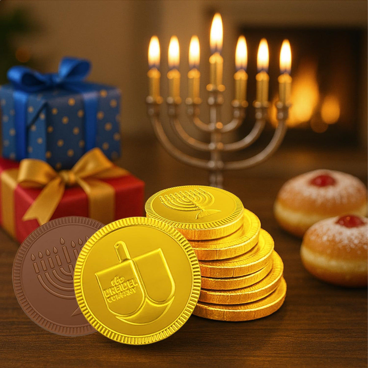 The Dreidel Company Hanukkah Chocolate Gelt, 96-Pack Mesh Bags of Milk Chocolate Coins, Kosher Certified Dairy, Dreidel and Menorah Design Chanukah