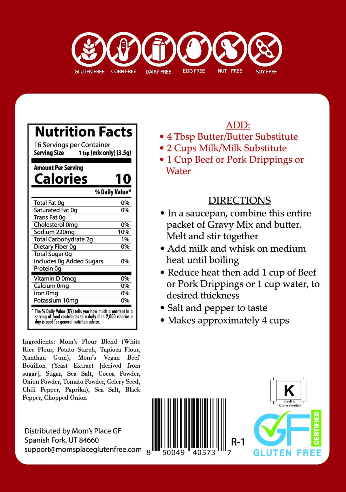 Mom's Place Gluten-Free Beef or Pork Gravy Mix, Vegan & Kosher, Soy Free, Nut Free, Dairy Free, & Corn Free, 2.0 oz, 16 Servings