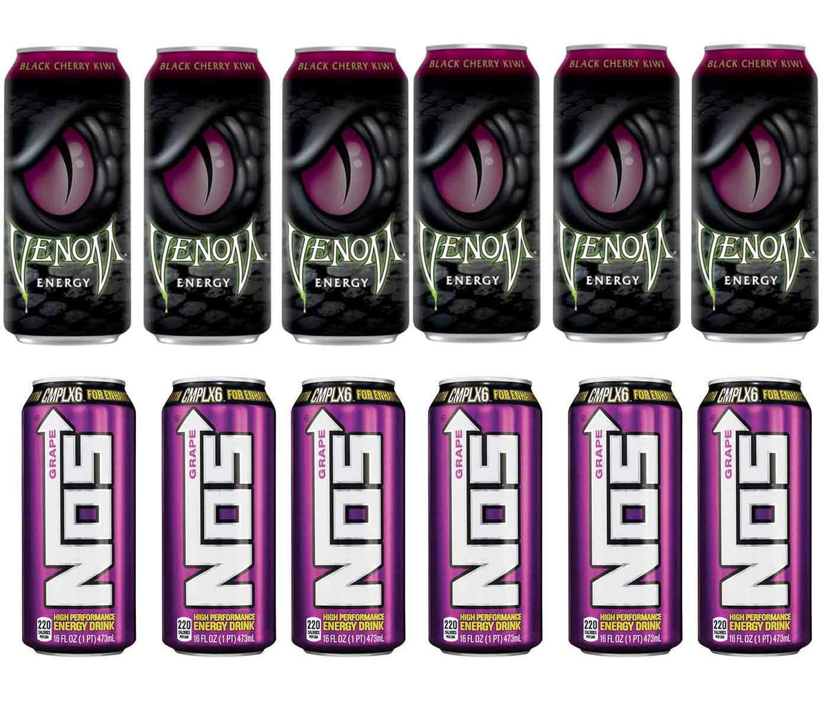 LUV BOX- variety Energy drink 16 oz. pack of 12 , VENOM BLACK CHERRY KIWI ENERGY DRINK , NOS ENERGY GRAPE CANS .by evaxo