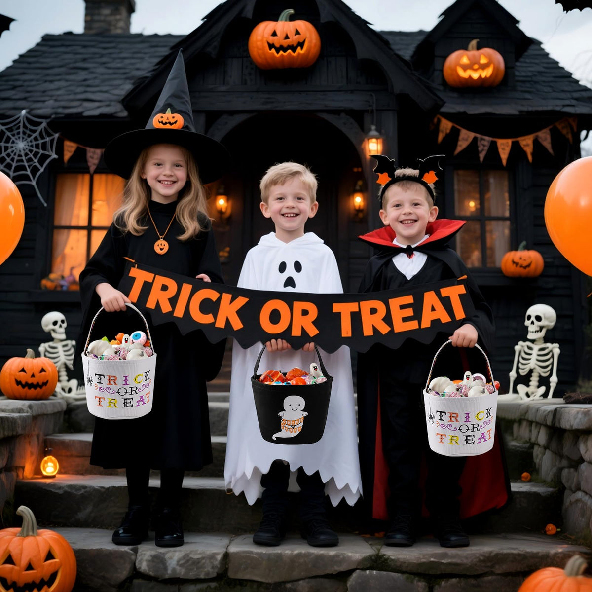 Halloween Basket Ghost Trick or Treat Bucket for Kids, Halloween Candy Bucket 7.9X13.9 Spooky Candy Tote Bag for Girl Boy Trick or Treat, Party Favor