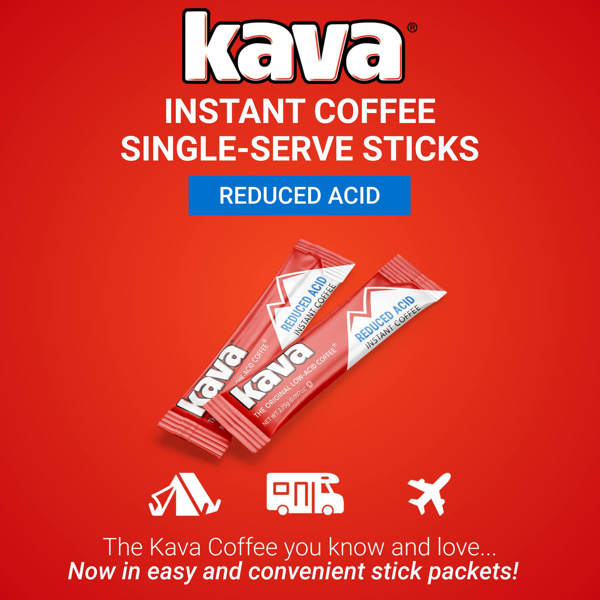 Kava Low Acid Instant Coffee Gift Set, 4 Ounce Glass Jar & 20 Single Serve Stick Packets for On-The-Go & Travel