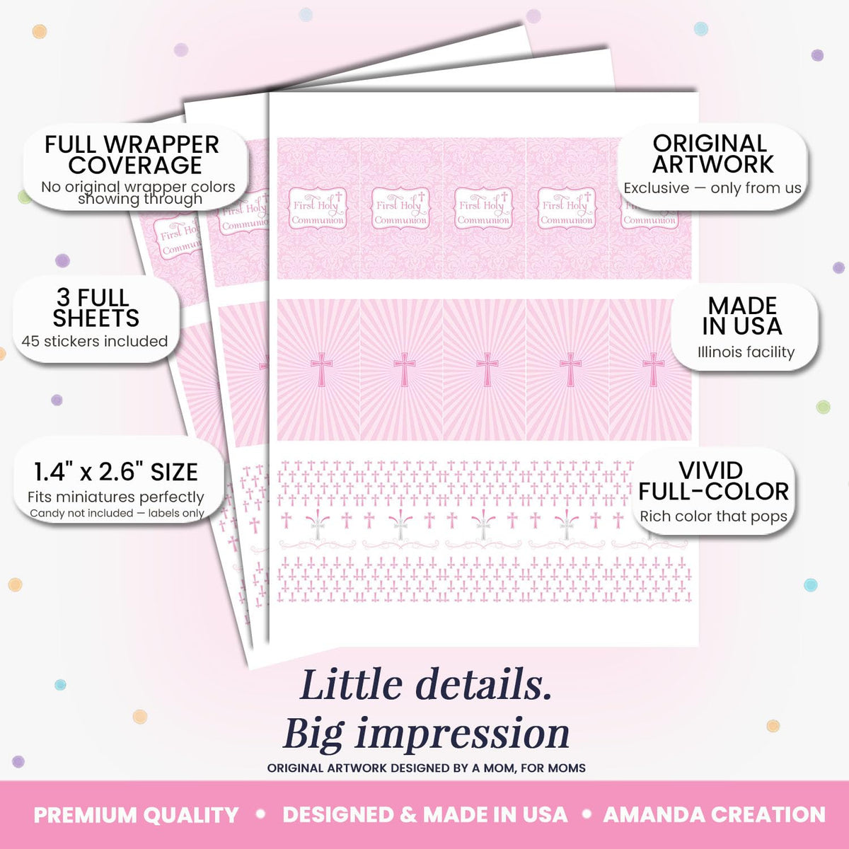 First Holy Communion Mini Chocolate Candy Bar Sticker Wrappers for Girls, 45 1.4" x 2.6" Wrap Around Labels by AmandaCreation, Great for Party Favors