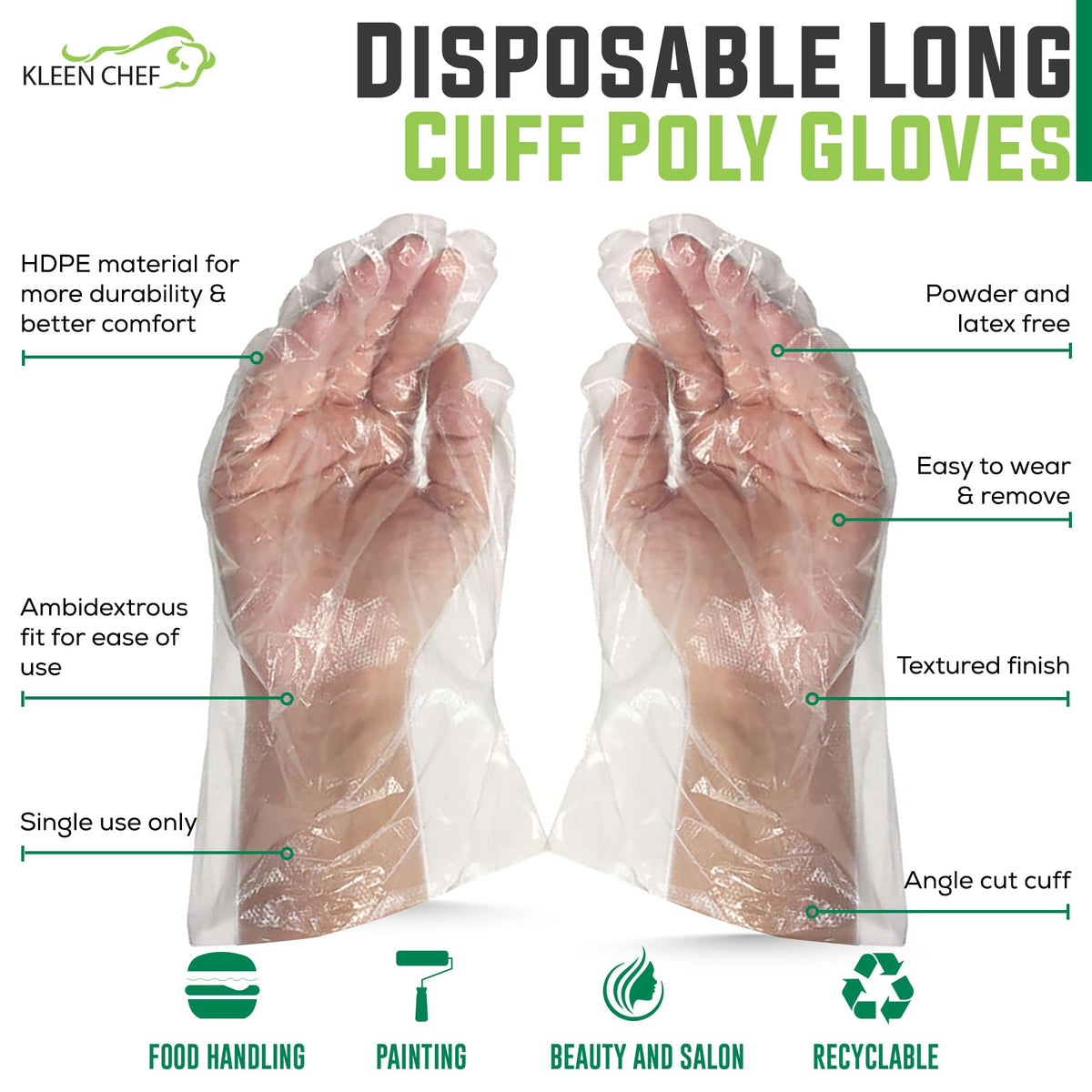KLEEN CHEF Disposable Food Handling Long Cuff Poly Gloves | One Size Fits Most, 525 per Box (2 Boxes)