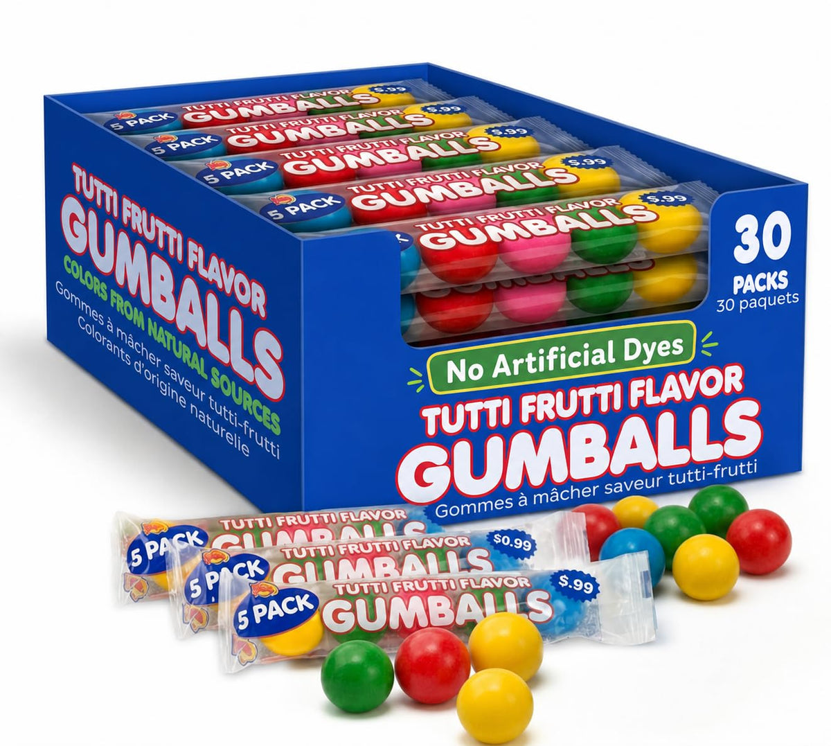 Lalees Bulk Gumballs - No Artificial Dyes - Pack of 30 Tubes - Rainbow Gum Balls Tubes - Tutti Frutti Flavored - Bulk Chewing Candy for Sporting