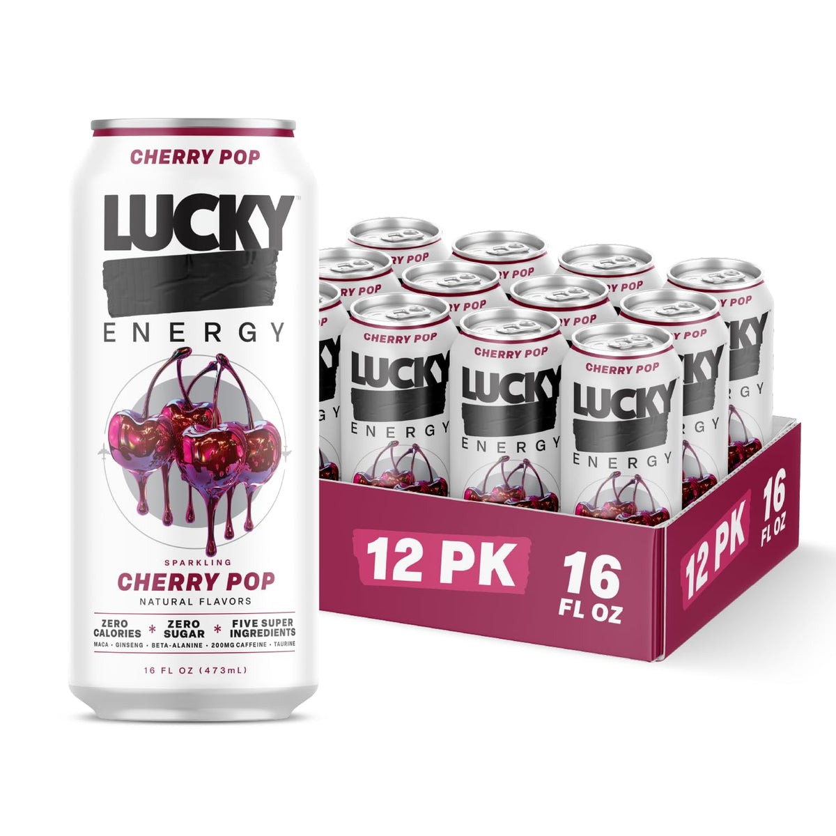 Lucky Energy Drink Cherry Pop, Zero Sugar, 200mg Caffeine, 12 Pack