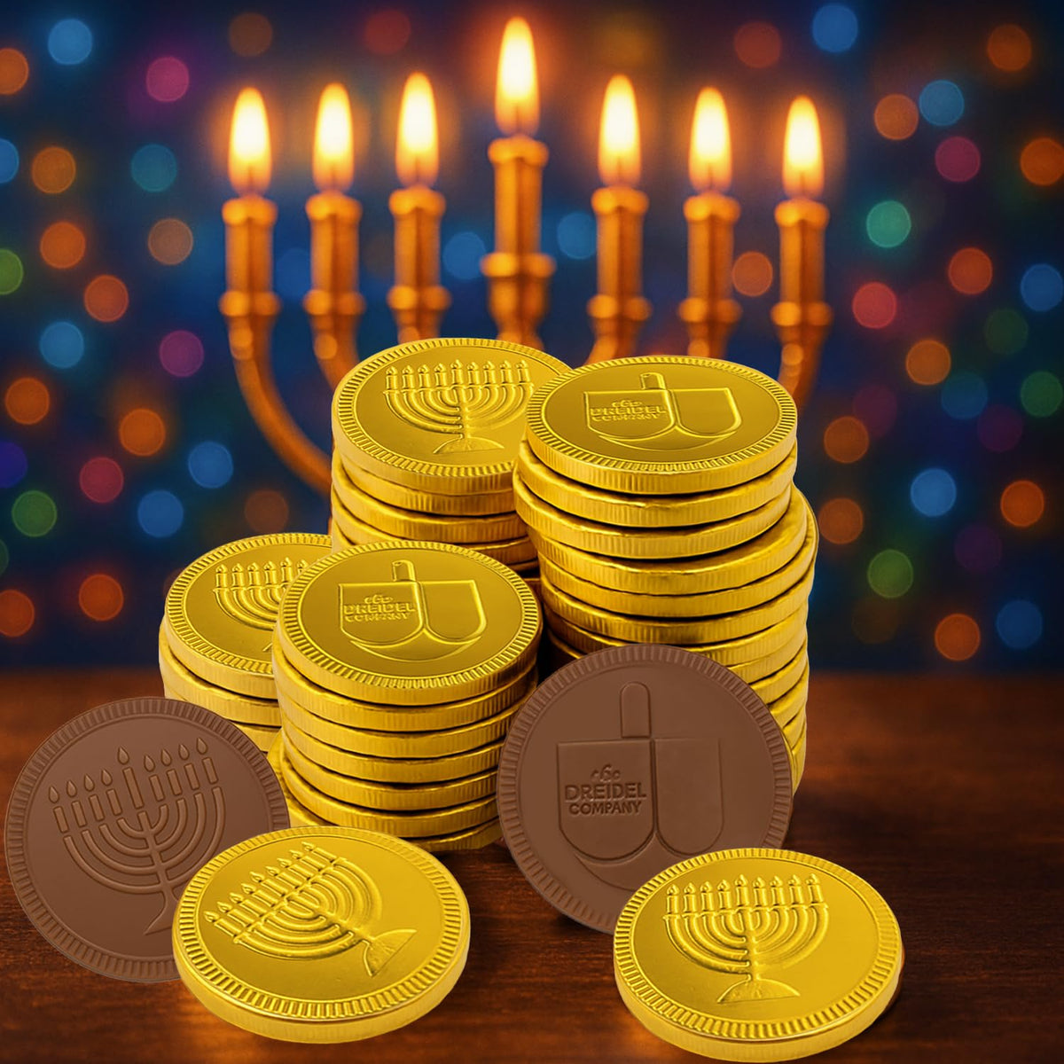 The Dreidel Company Hanukkah Chocolate Gelt, 6-Pack Mesh Bags 24 Total Coins of Milk Chocolate Coins, Kosher Certified Dairy Dreidel and Menorah