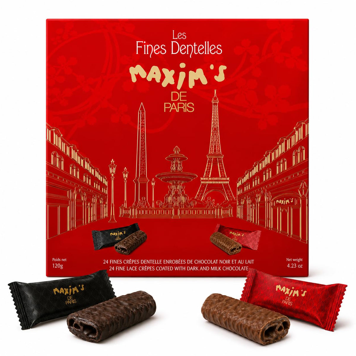 Maxim's De Paris - Chocolate Covered Crispy Crepes Assortment Milk And Dark Chocolate, Individually Wrapped in Paris Box, 24 pces