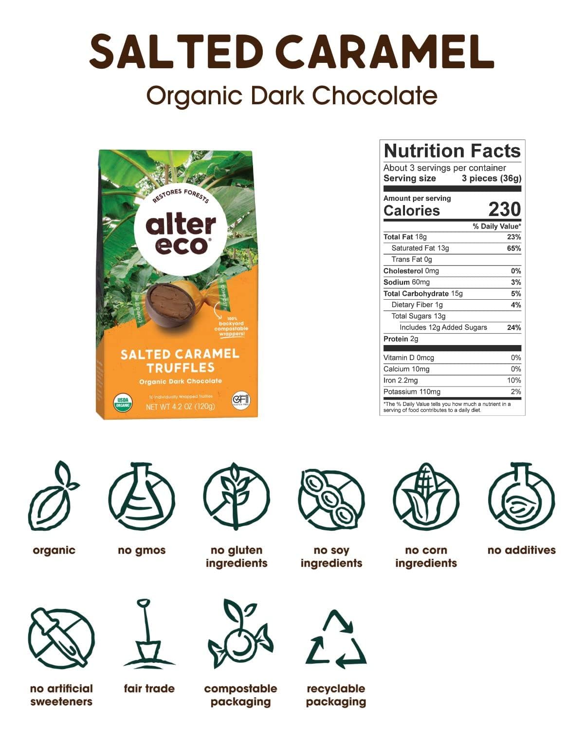 Alter Eco | Salted Caramel Truffles | 58% Pure Dark Cocoa, Fair Trade, Organic, Non-GMO, Gluten-Free Dark Chocolate Truffles | 20 Truffles