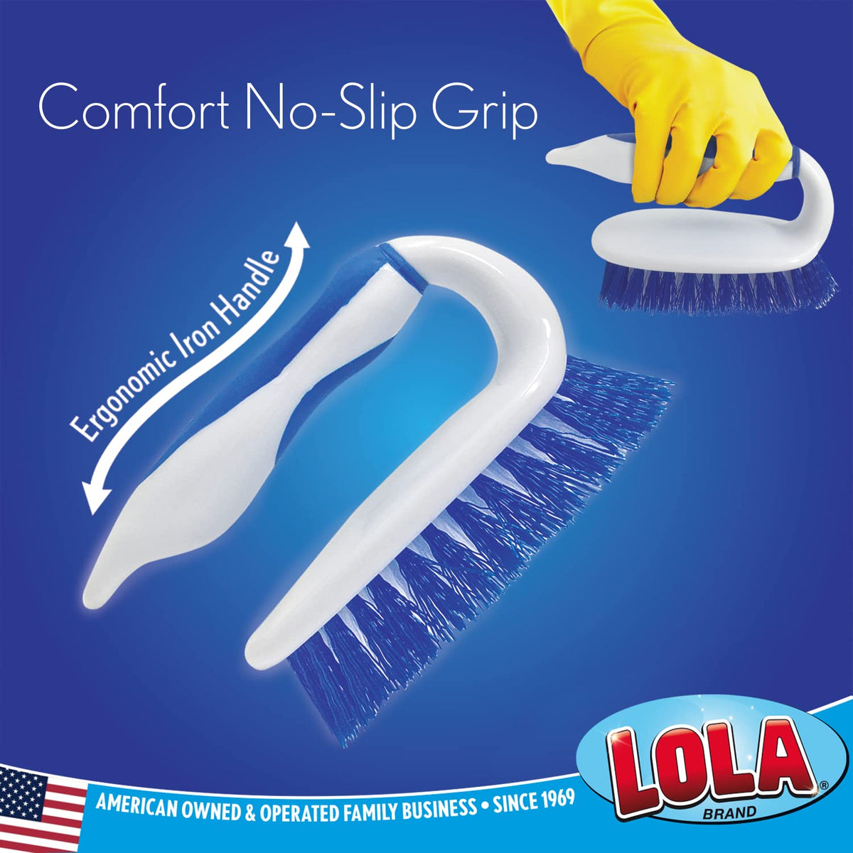 LOLA Iron Shaped Handled Scrub Brush, Ergonomic Handle, No Slip Grip, Fiber Bristles, Heavy Duty Tile & Floor Cleaner, 1 Pack