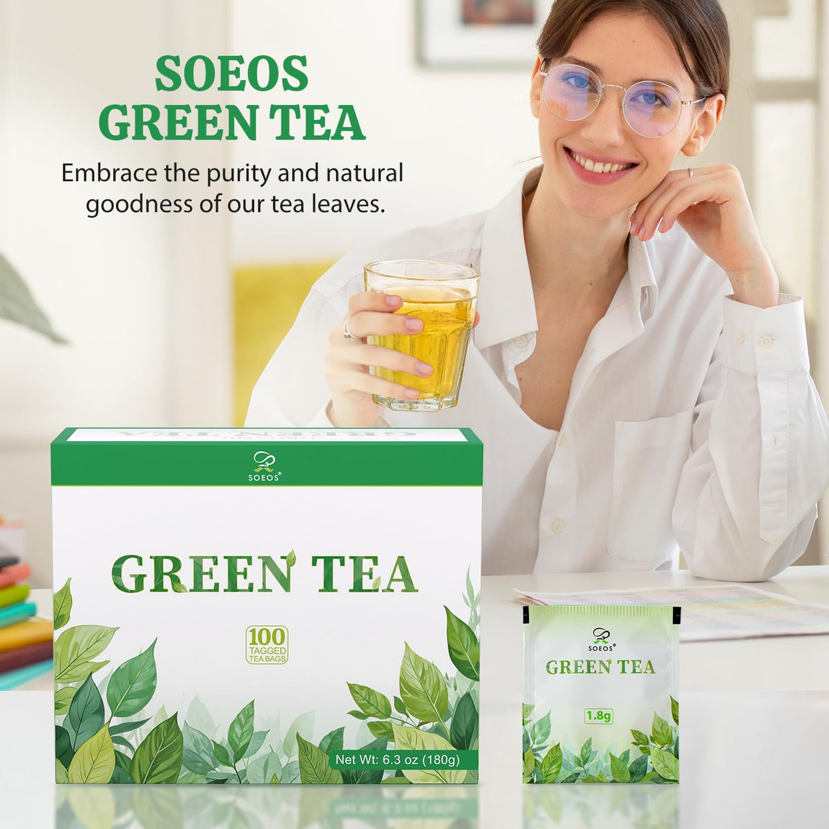 Soeos Green Tea, 6.3 oz (180g), 100 Tea Bags, Refreshing and Fragrant, Sustainably Sourced, Ideal for Hot or Iced Tea, Long-Lasting Freshness