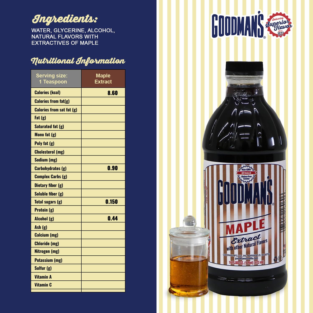 Goodman's Natural Maple Extract - Gluten-Free, Non-GMO, Kosher, Low Carb & Low Calorie, Low Alcohol, No Artificial Color, No Animal Products, No Sugar