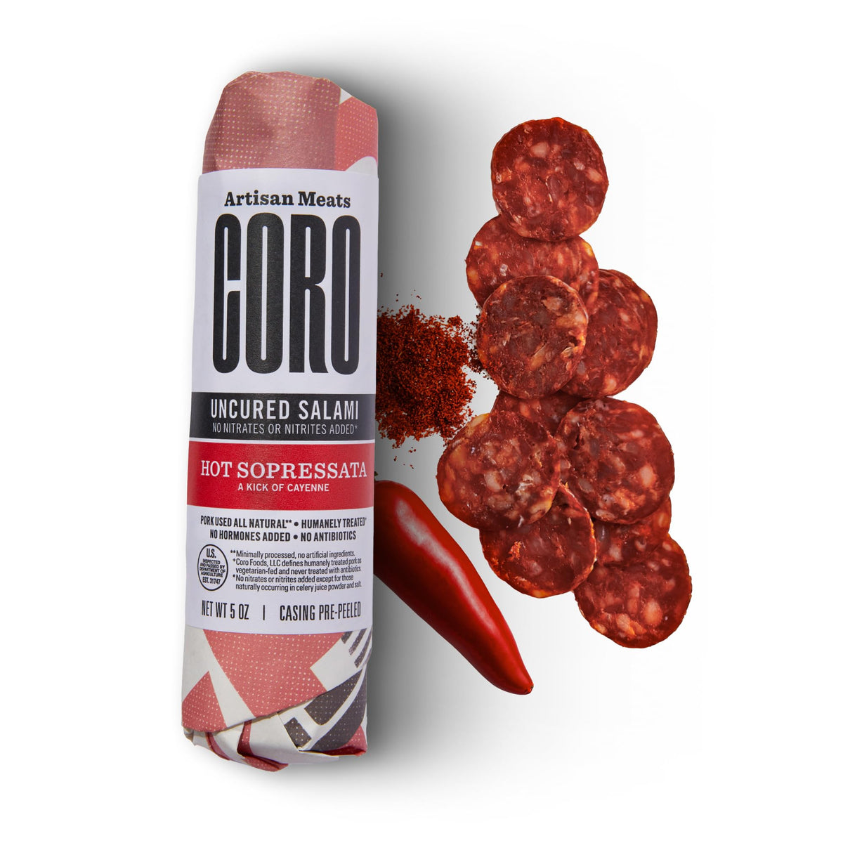 Coro Uncured Hot Sopressata Salami Stick - 5oz | Cayenne & Bold Spice