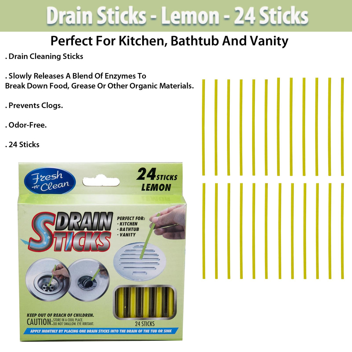 Fresh & Clean Drain Sticks - Lemon - 24 Sticks, Yellow