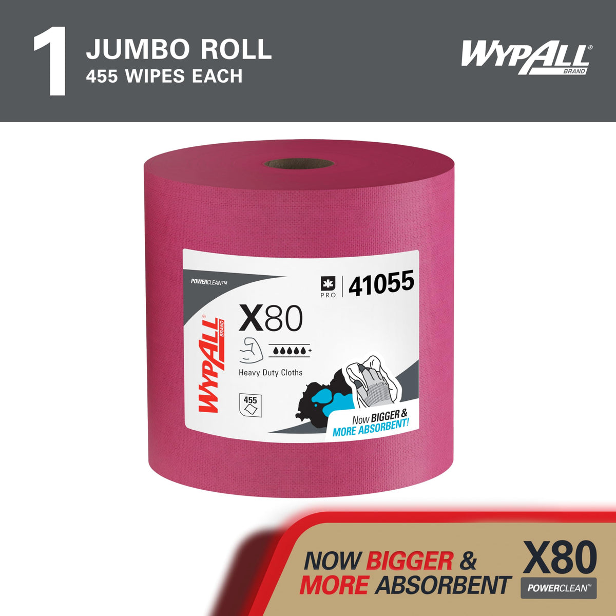 WypAll PowerClean X80 Cloths Heavy Duty Wipes (41055), Jumbo, Extended Use Towels, Red (1 Roll of 455 Sheets, 455 Sheet Total)