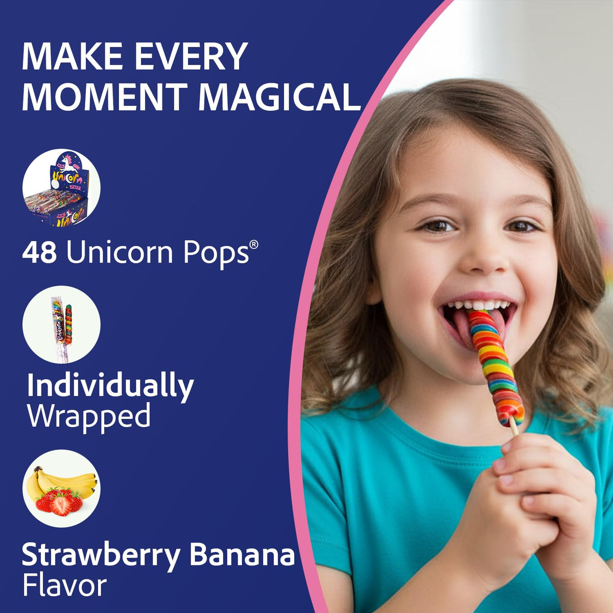 Adams & Brooks Strawberry Banana Mini Unicorn Pops, 10 oz Jar (24 ct.) - Twisty Unicorn Lollipops, Individually Wrapped Candy for Kids & Adults