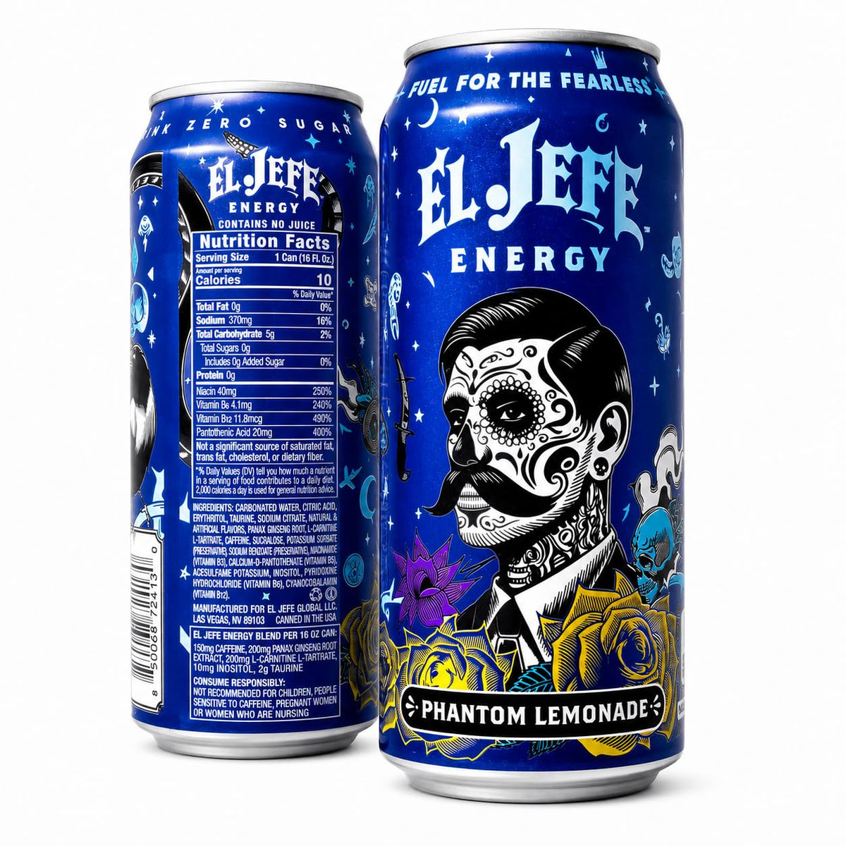 EL JEFE Energy Drink, Phantom Lemonade, Zero Sugar, 16 fl oz Cans, 12-Pack