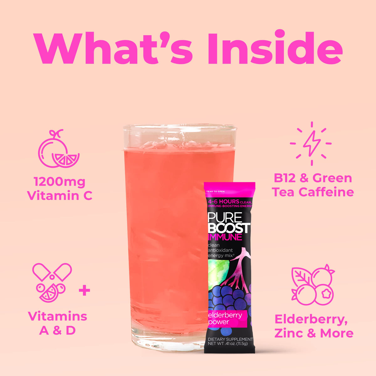 Pureboost Sugar-Free Immune Clean Energy Booster Drink Mix, Elderberry 30ct