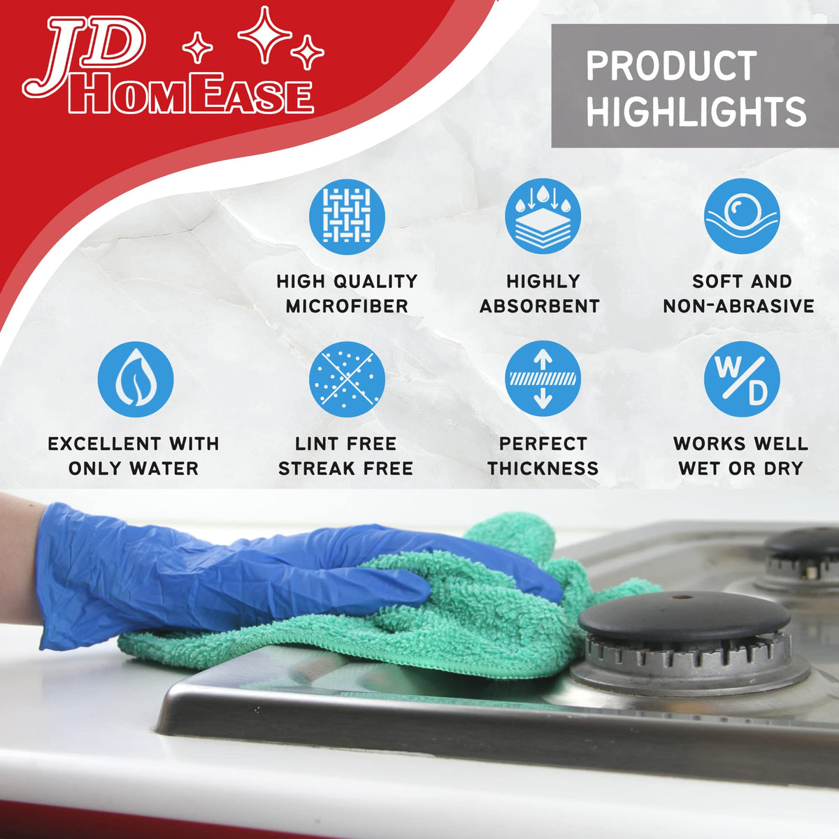 JD Homease Microfiber Cleaning Cloths,12 Pack, 16"x16", All-Purpose, Softer, Highly Absorbent, Lint-Free, Reusable, Washable Pro Towels, Red