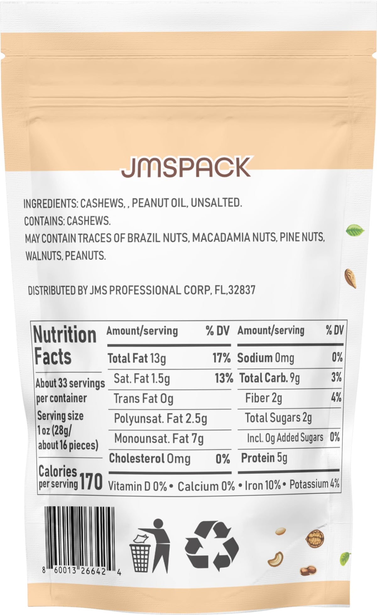 JMSPACK - Whole Cashews Unsalted, 16 Ounces (1 Lb)