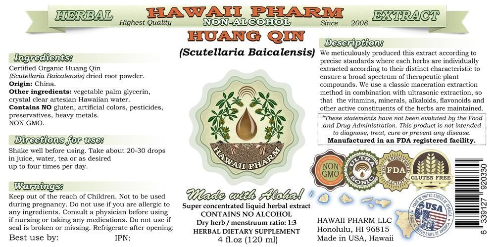 Huang Qin Alcohol-Free Liquid Extract, Huang Qin, Scutellaria (Scutellaria Baicalensis) Root Glycerite Hawaii Pharm Natural Herbal Supplement 2 oz