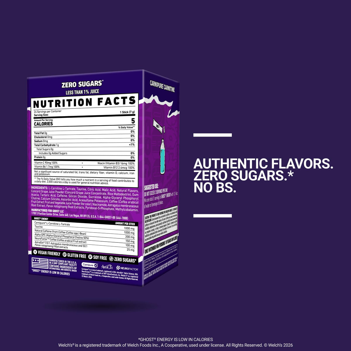 GHOST Sugar-Free Energy Drink Packets, Welch's Grape, 24 Sticks