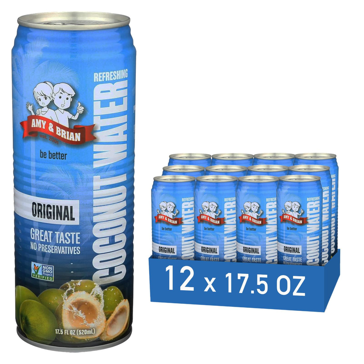 Amy & Brian Non-GMO Coconut Water, Original, 17.5 Fl Oz (Pack of 12)