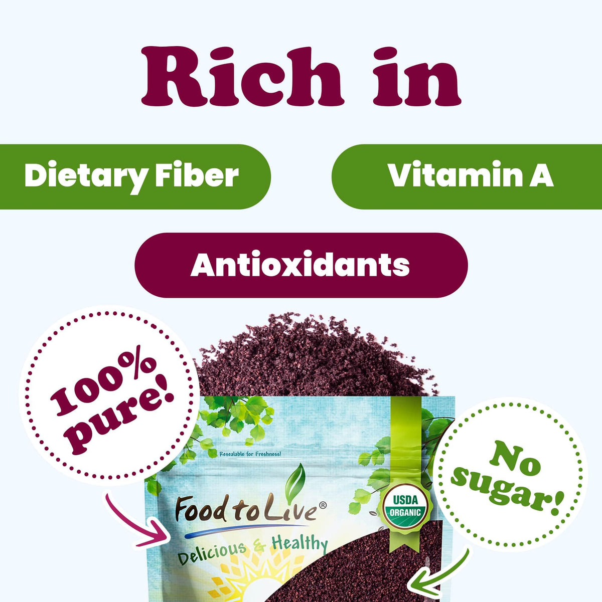Food to Live Organic Freeze-Dried Acai Berry Powder, 2 Pounds - Non-GMO, Kosher, Raw, Vegan, Unsweetened, Unsulfured, Bulk