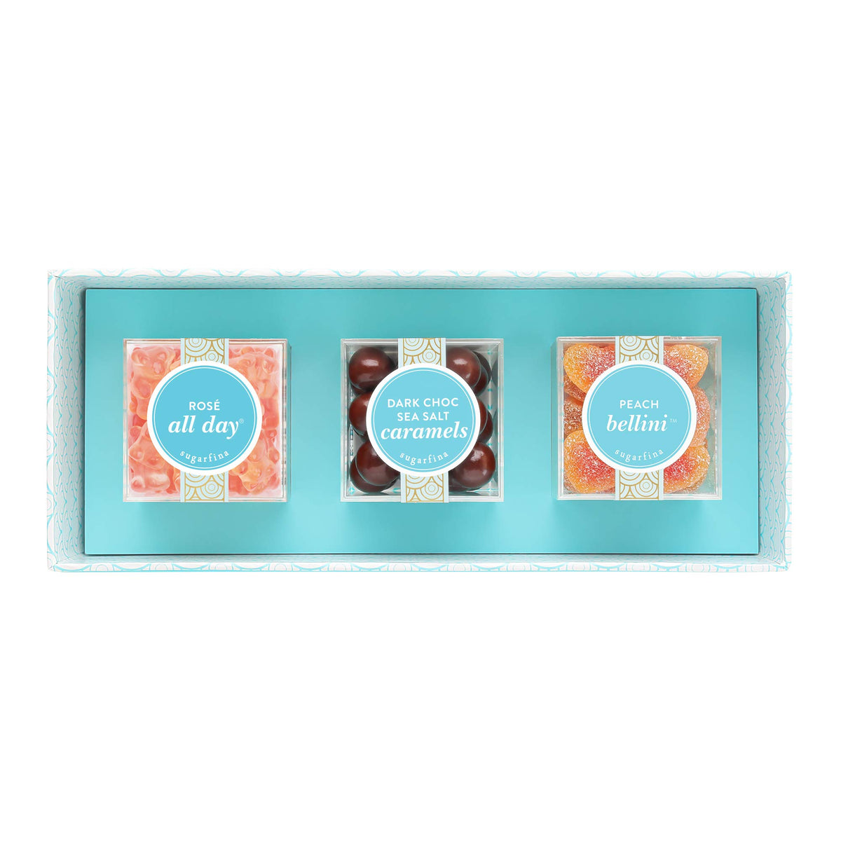 Sugarfina Bestsellers 3 Piece Candy Bento Box | Rosé All Day Bears, Dark Chocolate Sea Salt Caramels, Peach Bellini