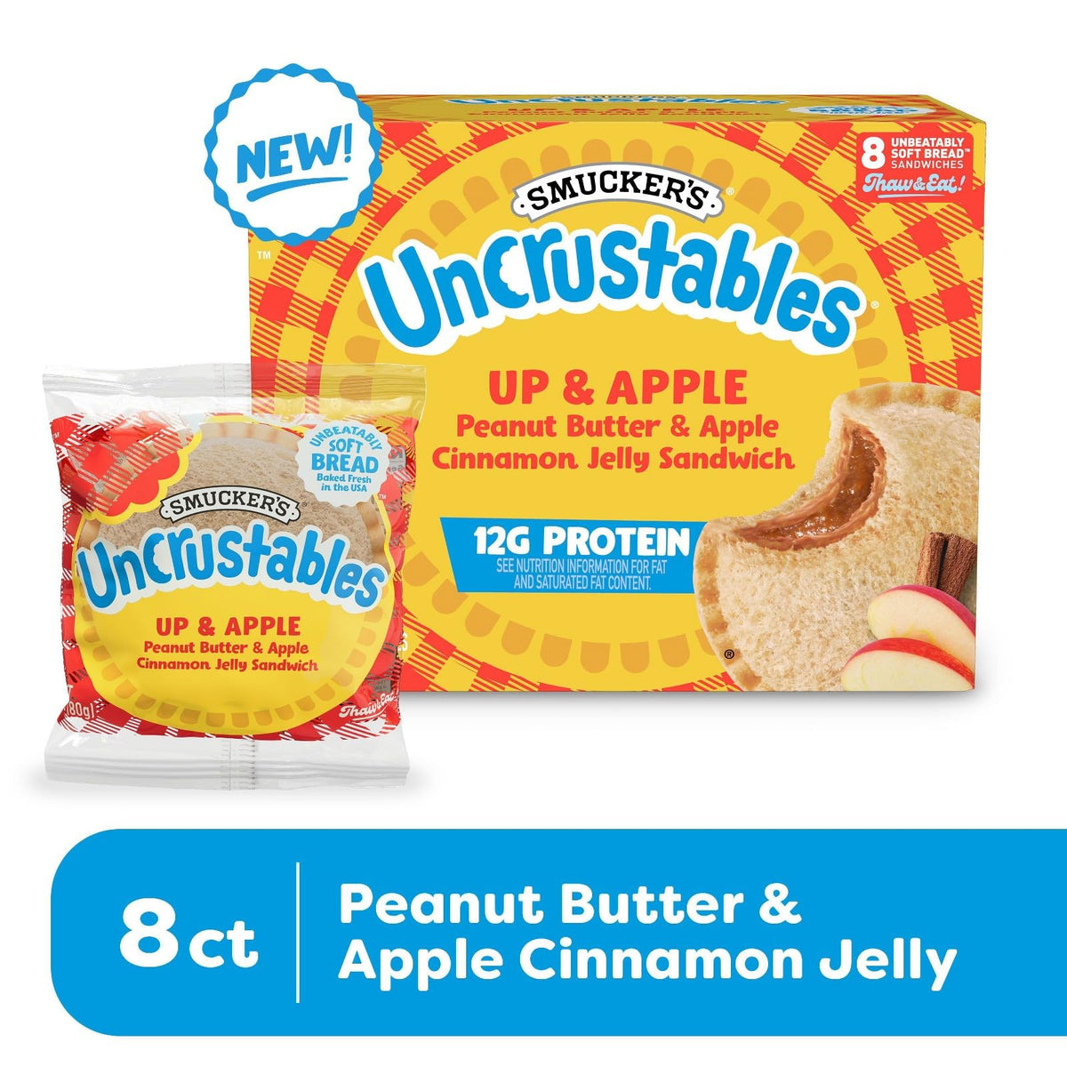Uncrustables Frozen Crustless Peanut Butter Sandwiches, Apple Cinnamon Jelly & Mixed Berry Variety Pack, 2.8 oz Each, 24 Count